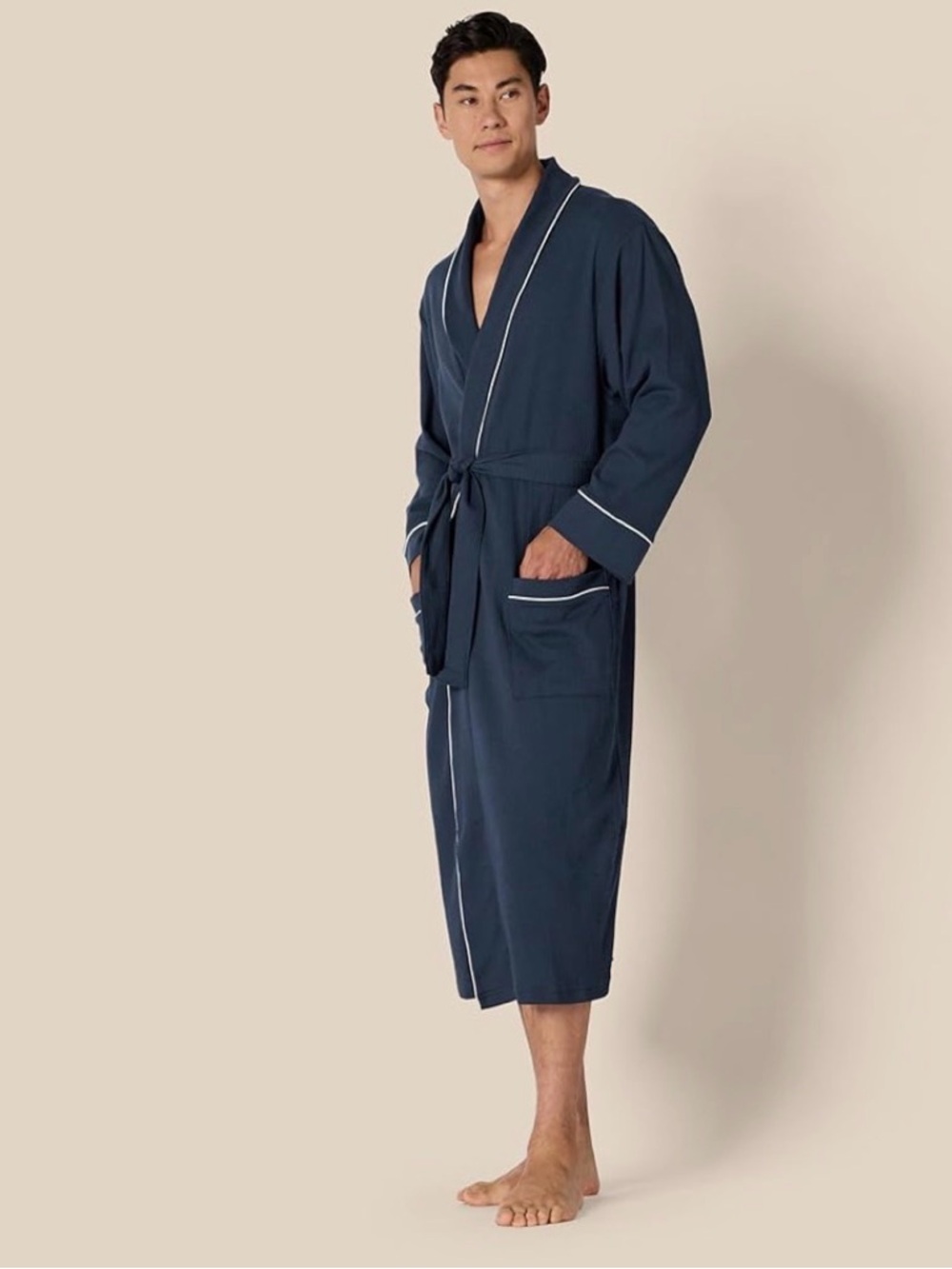 NWT Men's Navy Waffle Knit Lounge Robe with White Trim sz M/L